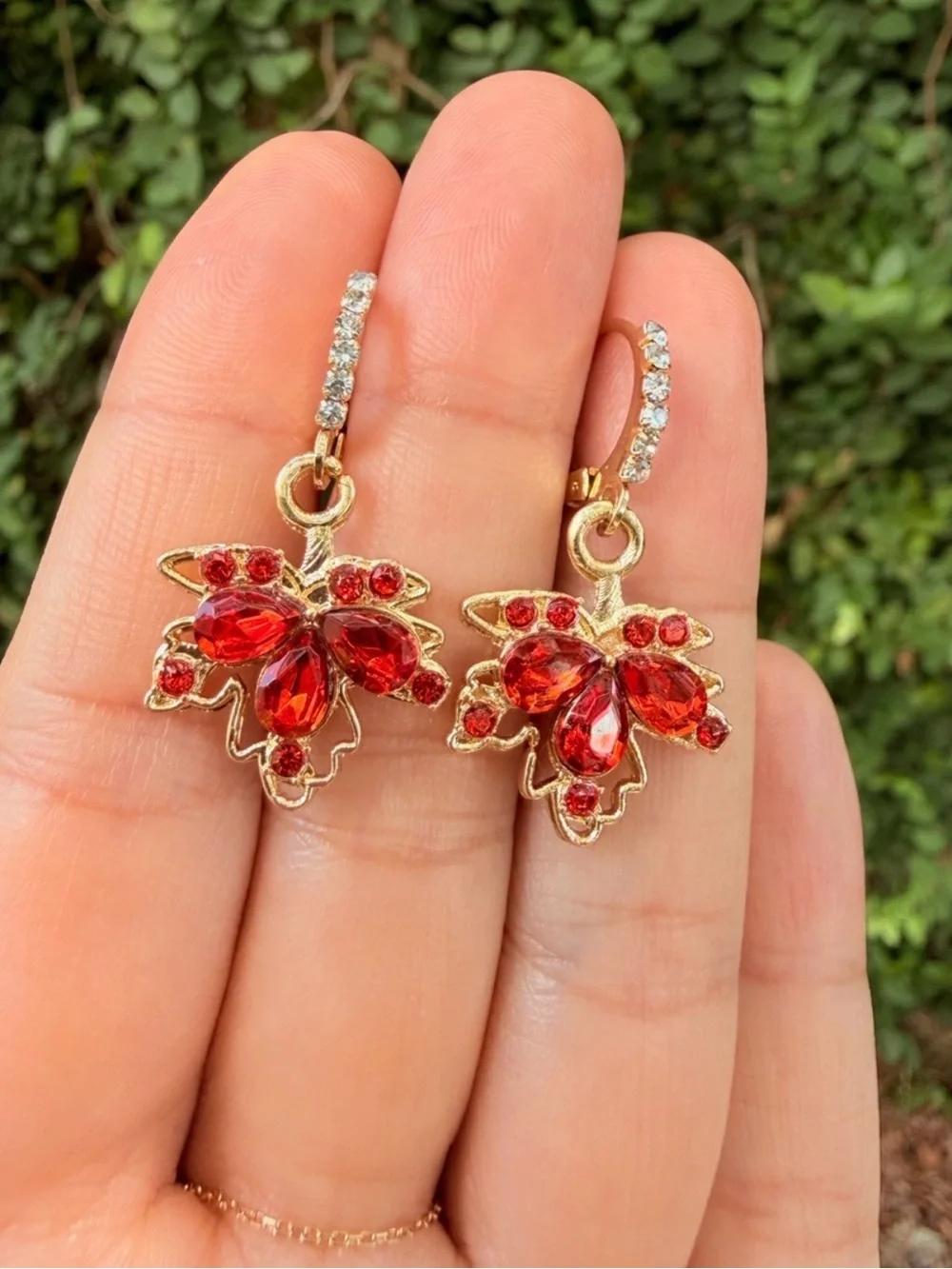 Leaves Red Crystal Floral Drop Gold Earrings